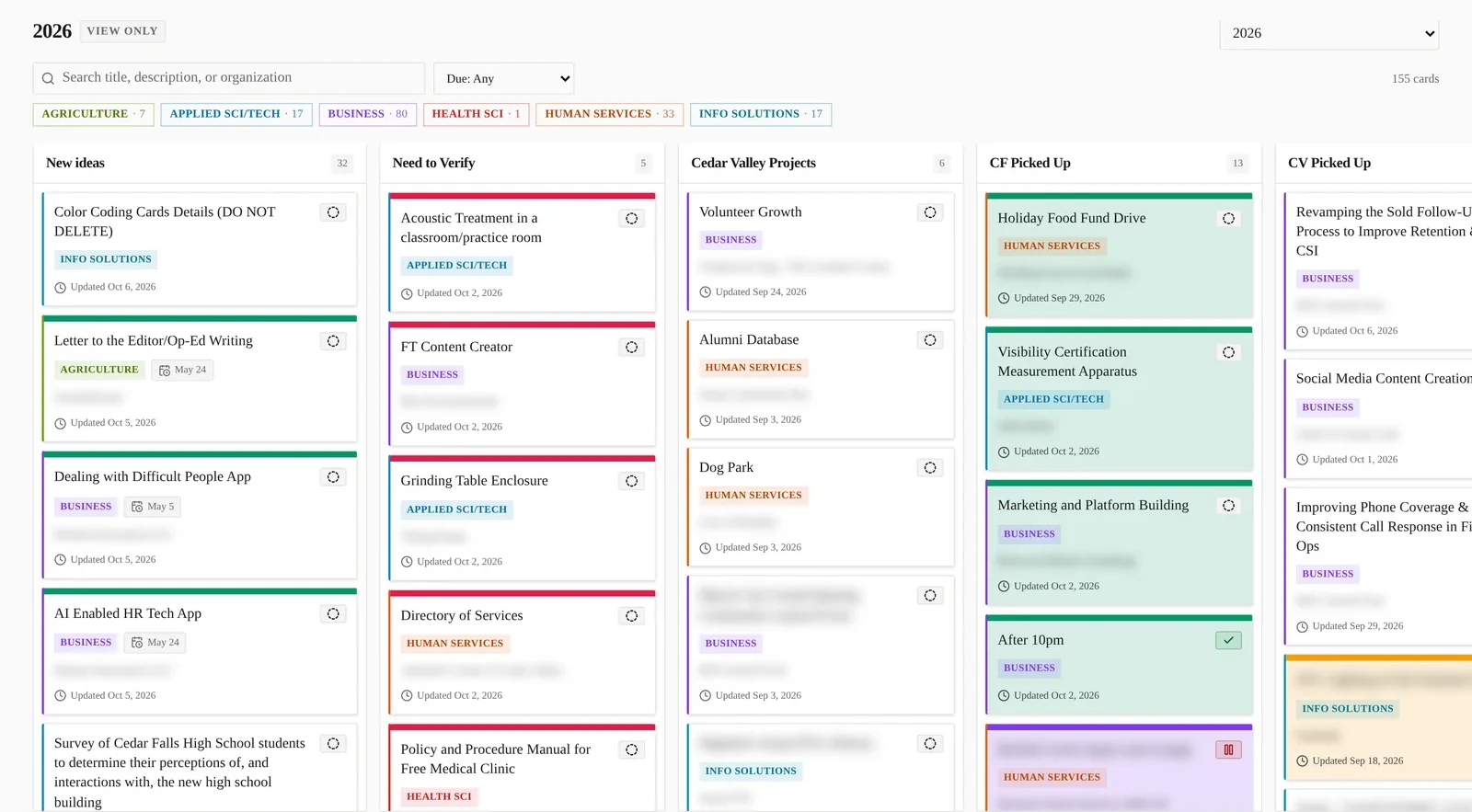 The student view of the CAPS project board: project ideas from local businesses sorted into columns and color-coded by career pathway. Business names are blurred.