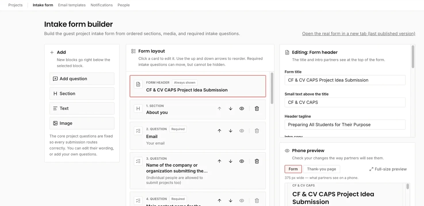 The intake form builder, with sections, questions, and a live phone preview of the form businesses fill out.