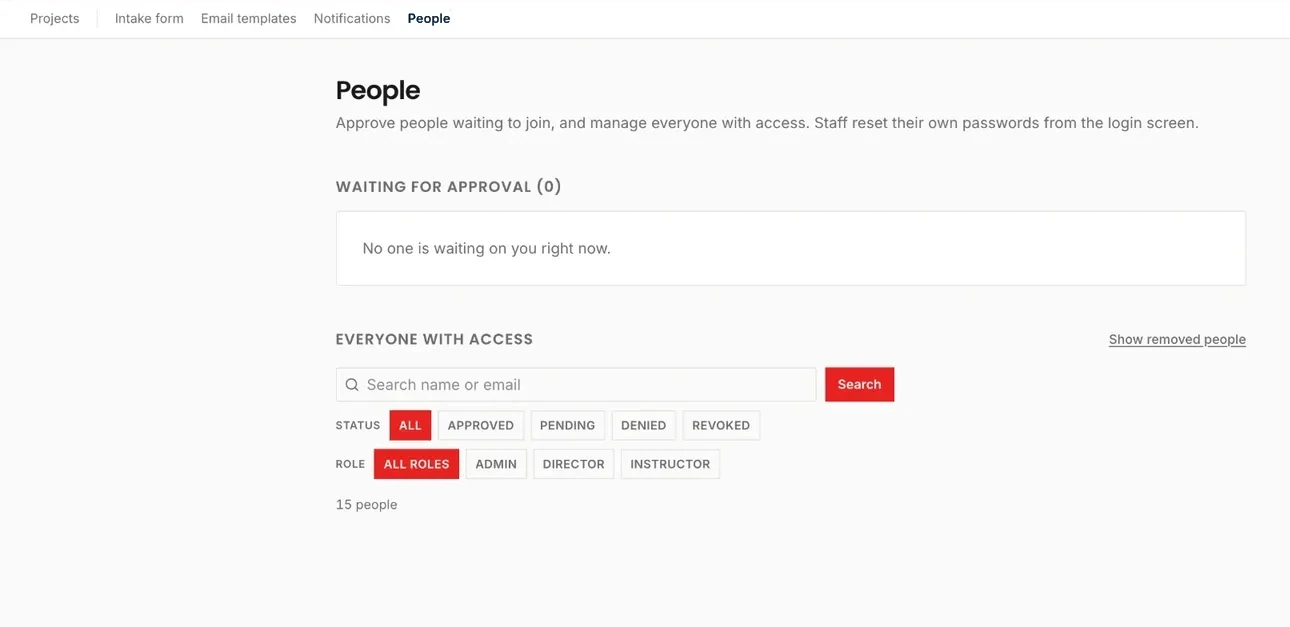 The People page for approving new staff and managing access by role: admin, director, or instructor.